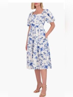 Vince Camuto Blue Floral Square-Neck Midi Dress Puff Sleeves Romantic